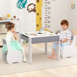 4 in 1 3tlg. Kindersitzgruppe aus Holz mit Abnehmbarer Tafel & Stauraum