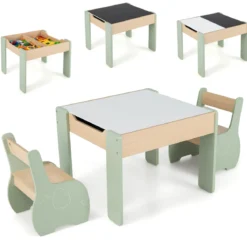 4 in 1 3tlg. Kindersitzgruppe aus Holz mit Abnehmbarer Tafel & Stauraum