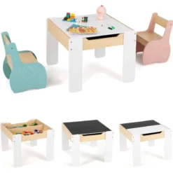 4 in 1 3tlg. Kindersitzgruppe aus Holz mit Abnehmbarer Tafel & Stauraum