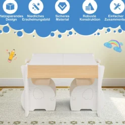 4 in 1 3tlg. Kindersitzgruppe aus Holz mit Abnehmbarer Tafel & Stauraum