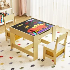3 in 1 3 TLG. Kindersitzgruppe Kindermöbel Kindersitzgarnitur Kindertisch mit 2 Stühlen aus Holz Maltisch
