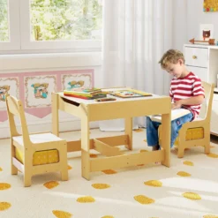 3 in 1 3 TLG. Kindersitzgruppe Kindermöbel Kindersitzgarnitur Kindertisch mit 2 Stühlen aus Holz Maltisch