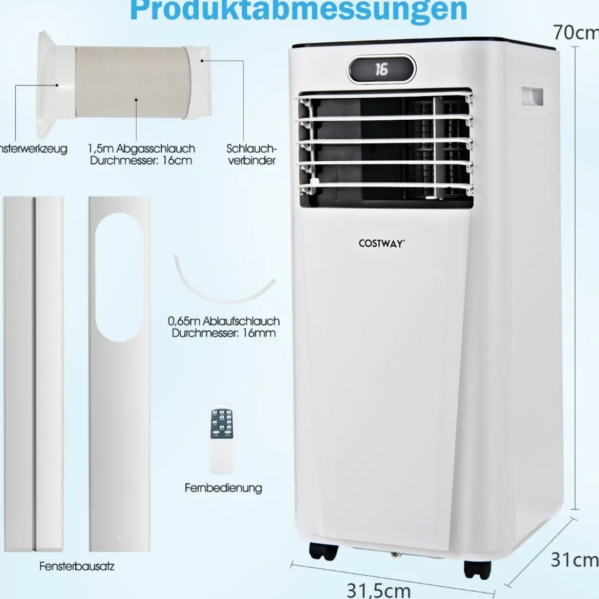 4 in 1 Tragbares Klimagerät 7000 BTU Kühlen & Ventilieren & Entfeuchten 16 ℃~32 ℃ Weiß