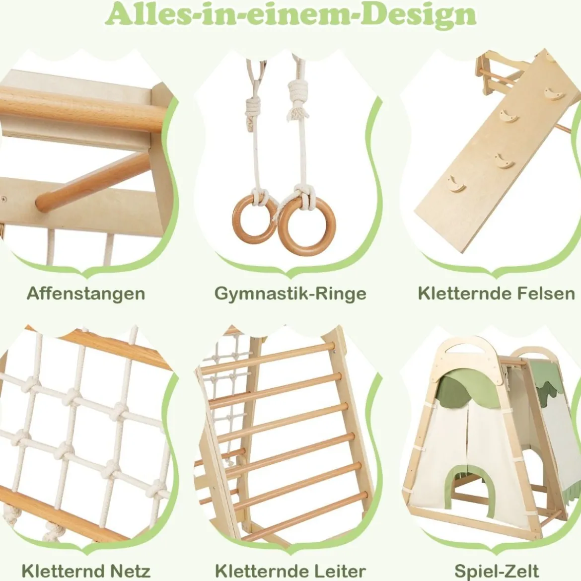 6 in 1 Turnringen & Kletterfelsen & Kletternetz & Leiter & Pull Up Bar & Spielzelt Klettergerüst Natur