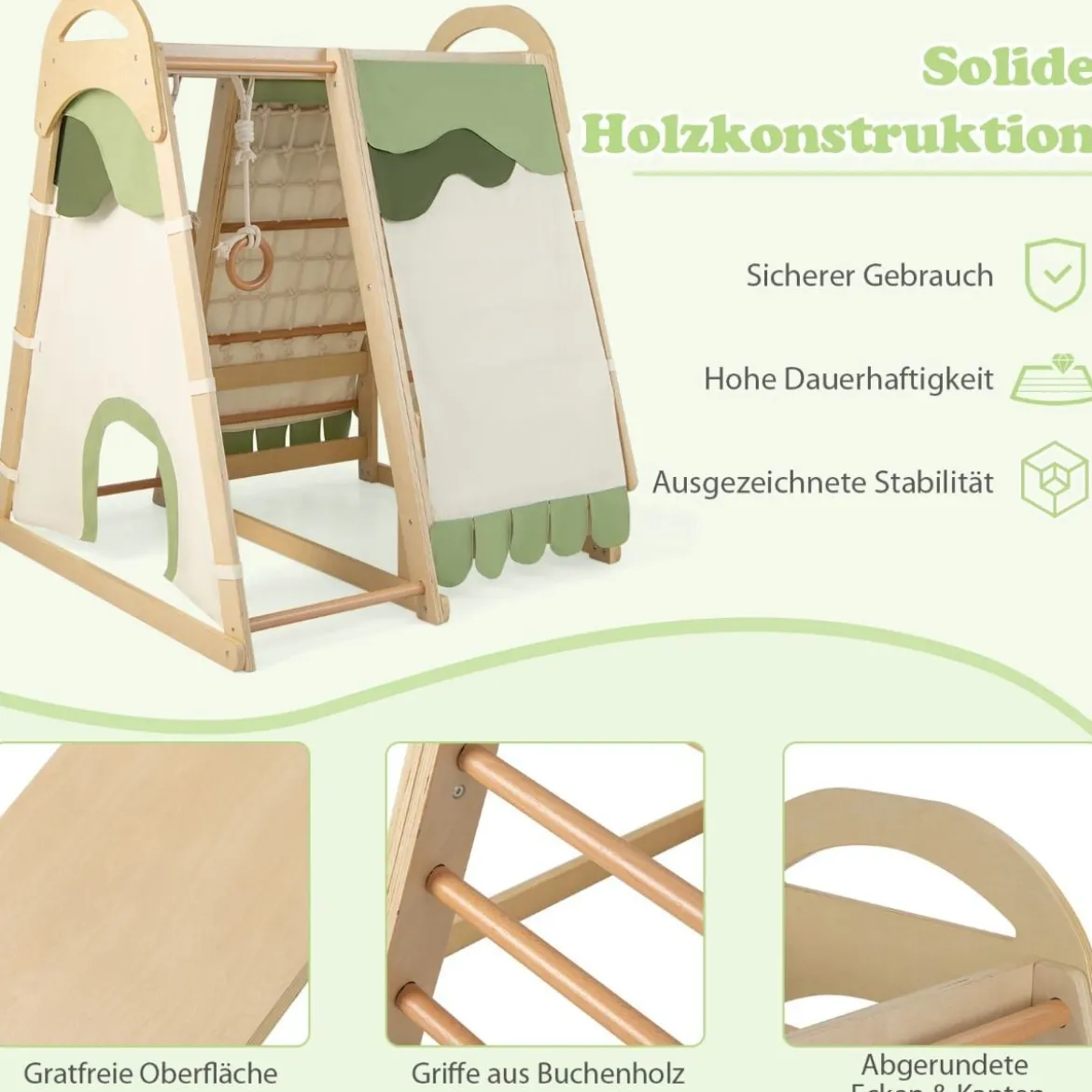 6 in 1 Turnringen & Kletterfelsen & Kletternetz & Leiter & Pull Up Bar & Spielzelt Klettergerüst Natur
