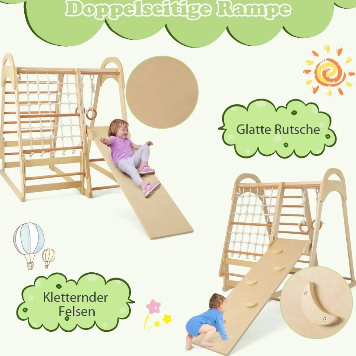 6 in 1 Turnringen & Kletterfelsen & Kletternetz & Leiter & Pull Up Bar & Spielzelt Klettergerüst Natur