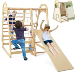 6 in 1 Turnringen & Kletterfelsen & Kletternetz & Leiter & Pull Up Bar & Spielzelt Klettergerüst Natur