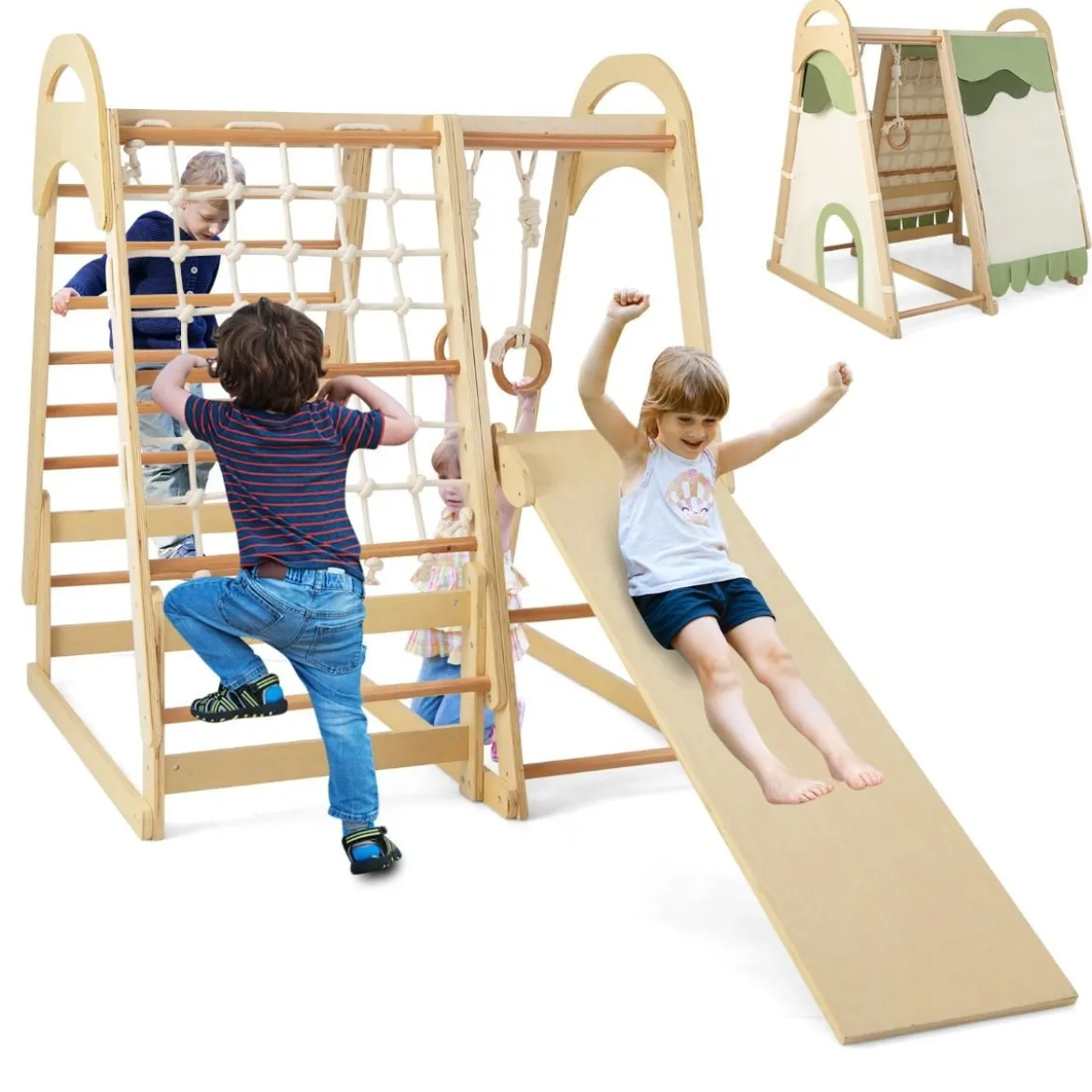 6 in 1 Turnringen & Kletterfelsen & Kletternetz & Leiter & Pull Up Bar & Spielzelt Klettergerüst Natur