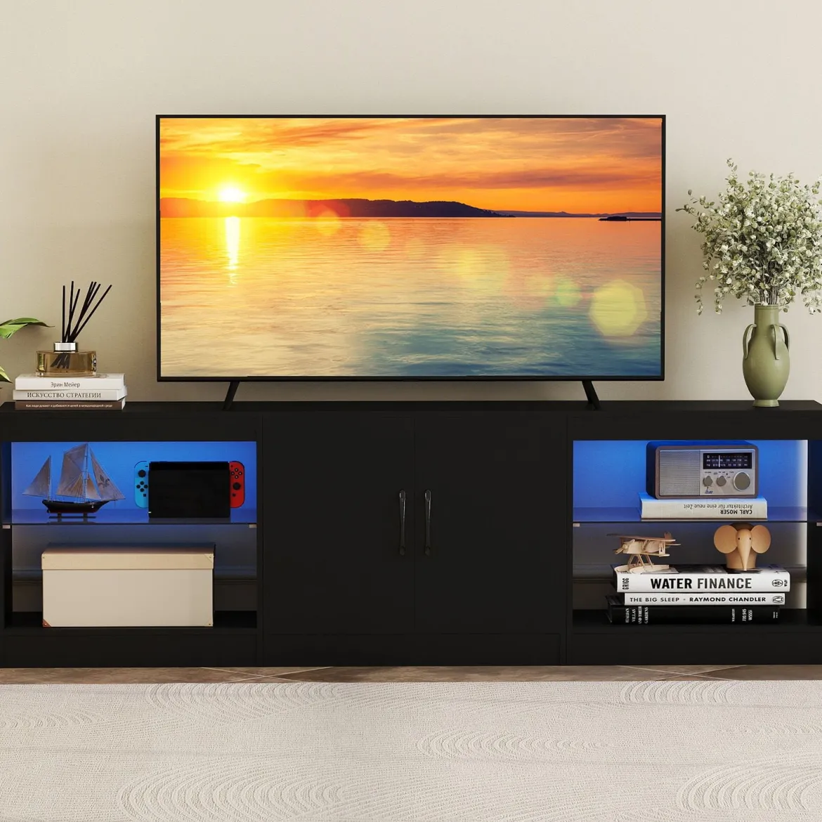 3 in 1 TV-Schrank für Fernseher bis zu 85 Zoll Lowboard mit LED Beleuchtung & Verstellbaren Glasregalen Schwarz