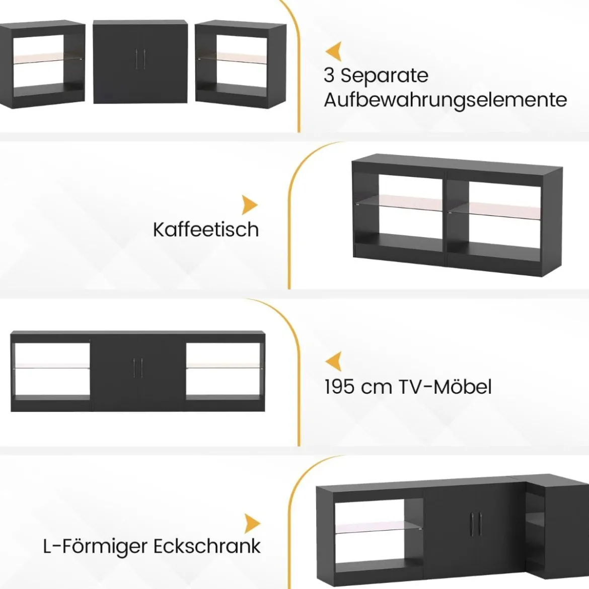 3 in 1 TV-Schrank für Fernseher bis zu 85 Zoll Lowboard mit LED Beleuchtung & Verstellbaren Glasregalen Schwarz