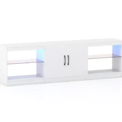 3 in 1 TV-Schrank für Fernseher bis zu 85 Zoll Lowboard mit LED Beleuchtung & Verstellbaren Glasregalen Weiß