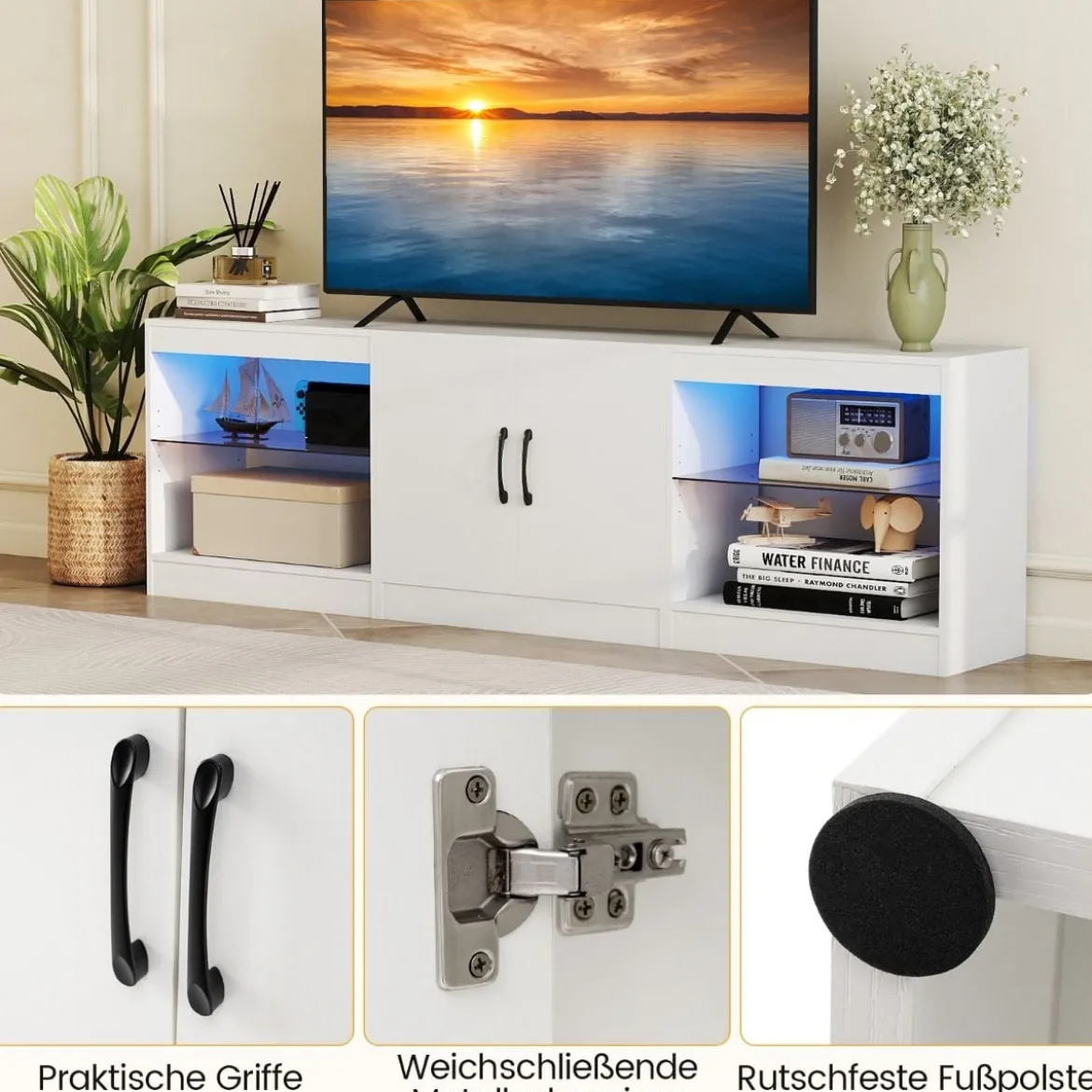 3 in 1 TV-Schrank für Fernseher bis zu 85 Zoll Lowboard mit LED Beleuchtung & Verstellbaren Glasregalen Weiß