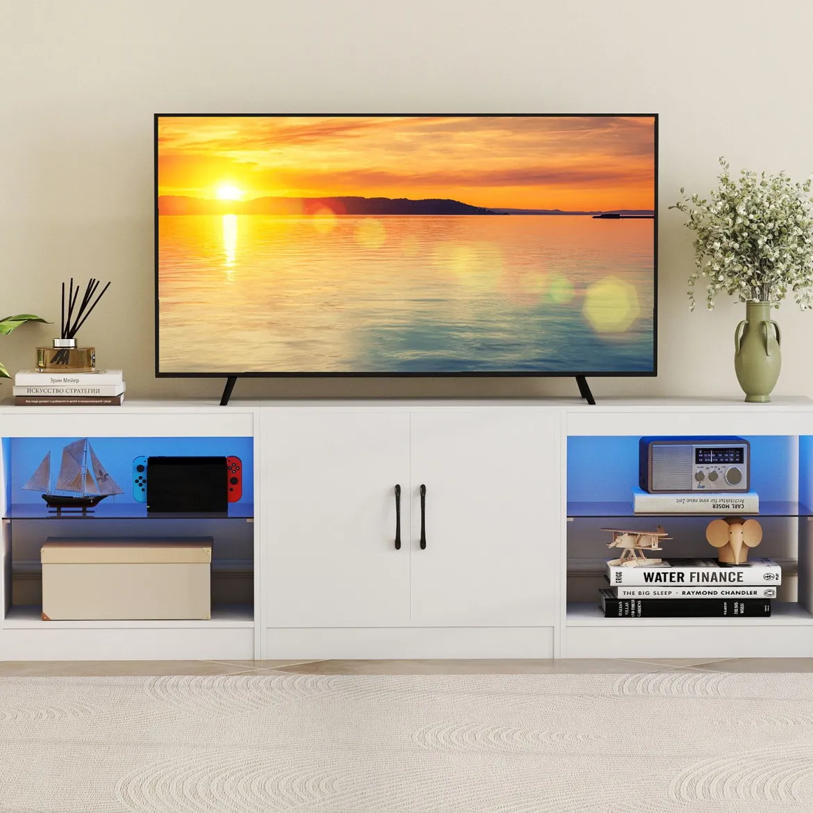 3 in 1 TV-Schrank für Fernseher bis zu 85 Zoll Lowboard mit LED Beleuchtung & Verstellbaren Glasregalen Weiß