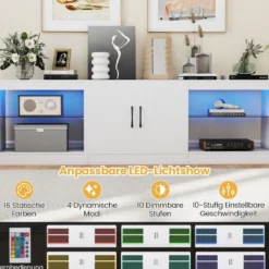 3 in 1 TV-Schrank für Fernseher bis zu 85 Zoll Lowboard mit LED Beleuchtung & Verstellbaren Glasregalen Weiß