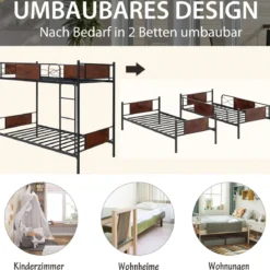 2-in-1 Umbaubares Doppelstockbett aus Metall mit Leiter & Kippschutz Etagenbett 190 x 90 cm