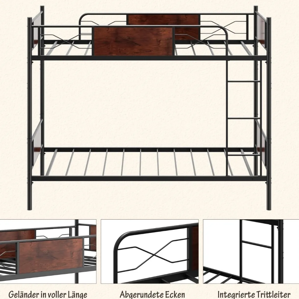 2-in-1 Umbaubares Doppelstockbett aus Metall mit Leiter & Kippschutz Etagenbett 190 x 90 cm