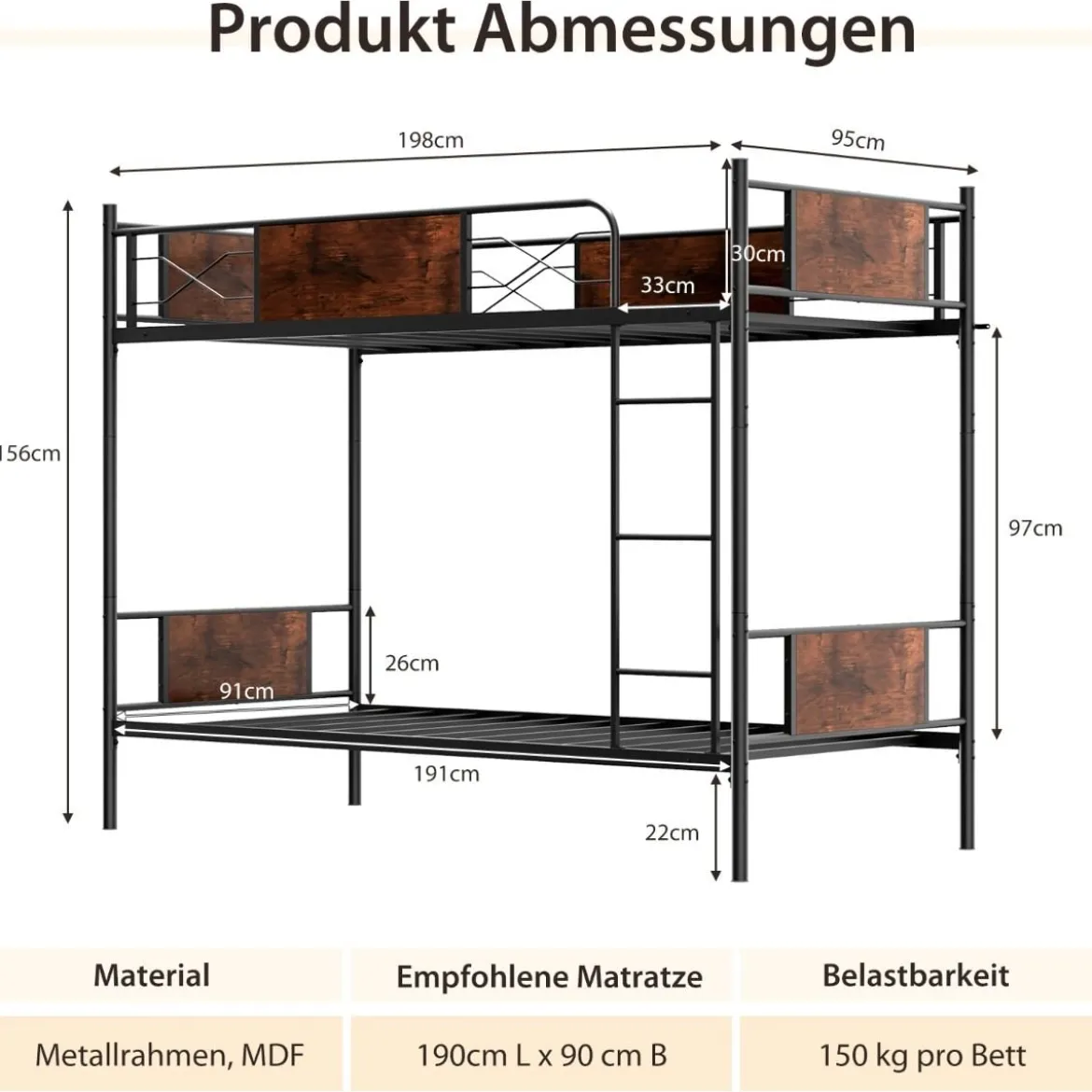 2-in-1 Umbaubares Doppelstockbett aus Metall mit Leiter & Kippschutz Etagenbett 190 x 90 cm