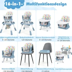 16-in-1 Umwandelbarer Hochstuhl mit Abnehmbarem Tablett & 5-Punkt-Gurt Kindertisch- & Stuhlset Blau