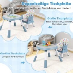 16-in-1 Umwandelbarer Hochstuhl mit Abnehmbarem Tablett & 5-Punkt-Gurt Kindertisch- & Stuhlset Blau