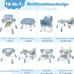 16-in-1 Umwandelbarer Hochstuhl mit Abnehmbarem Tablett & 5-Punkt-Gurt Kindertisch- & Stuhlset Blau
