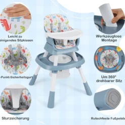 16-in-1 Umwandelbarer Hochstuhl mit Abnehmbarem Tablett & 5-Punkt-Gurt Kindertisch- & Stuhlset Blau