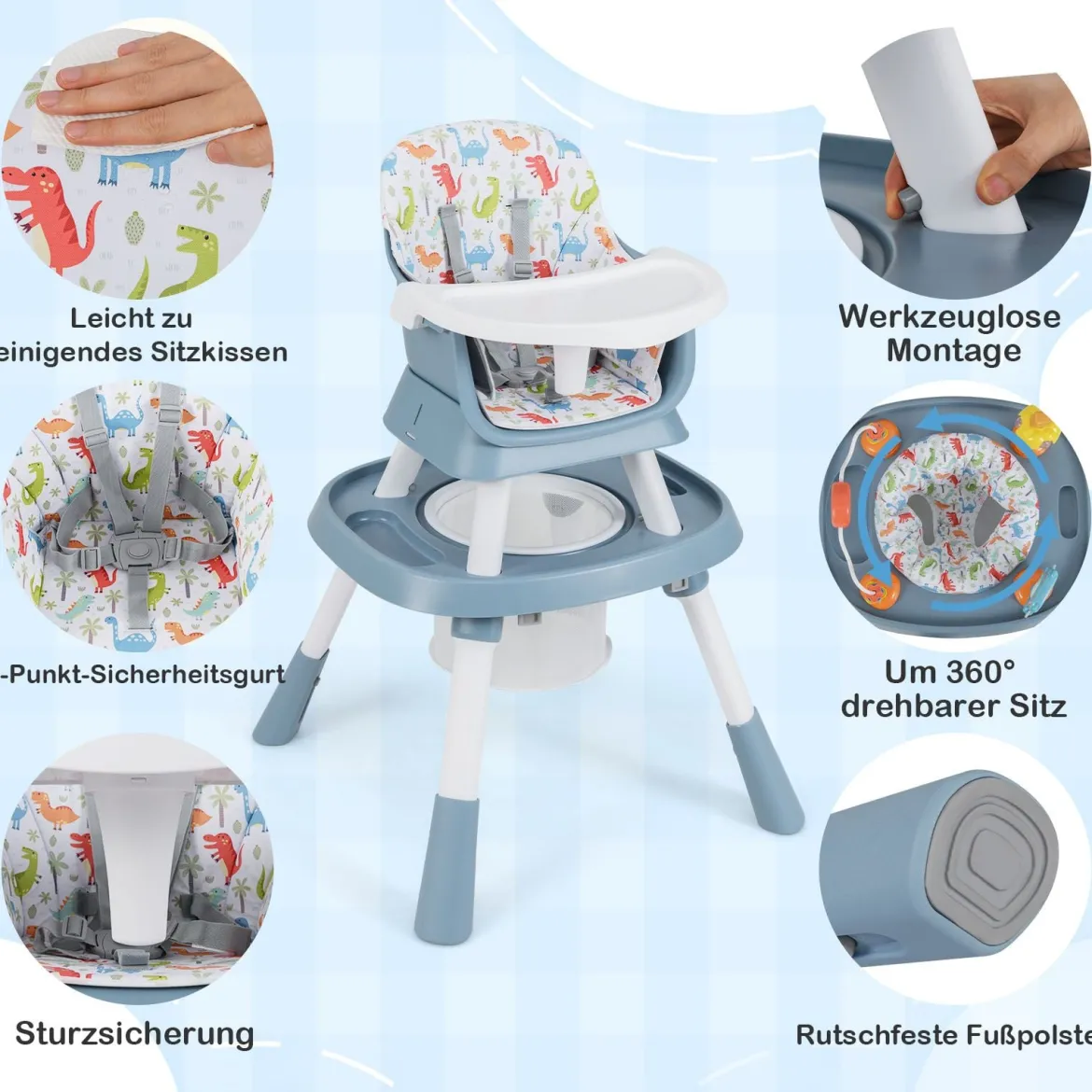 16-in-1 Umwandelbarer Hochstuhl mit Abnehmbarem Tablett & 5-Punkt-Gurt Kindertisch- & Stuhlset Blau