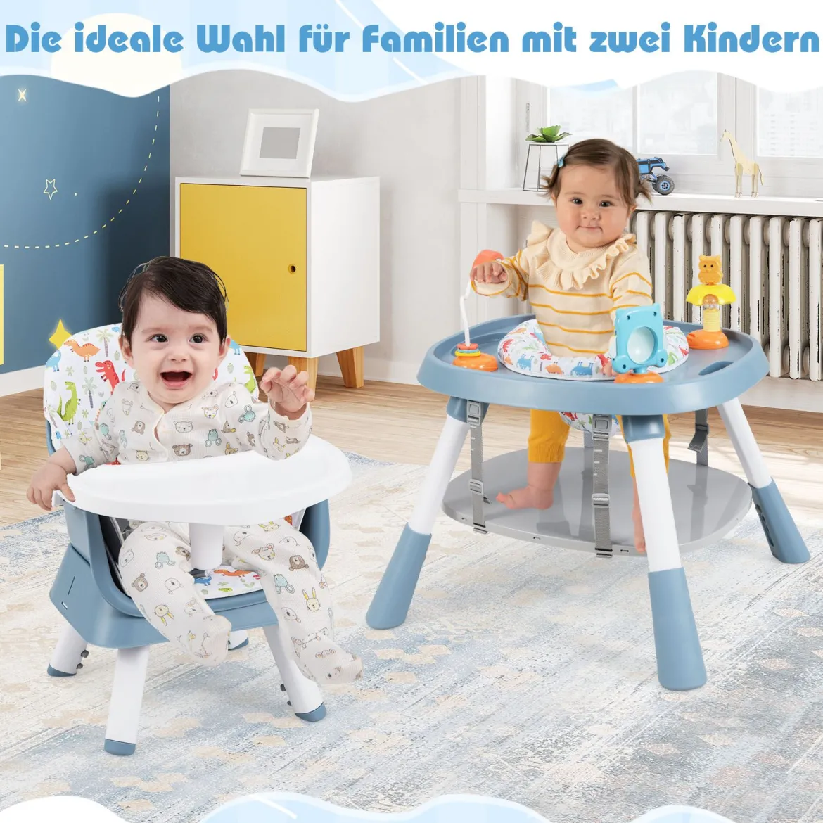 16-in-1 Umwandelbarer Hochstuhl mit Abnehmbarem Tablett & 5-Punkt-Gurt Kindertisch- & Stuhlset Blau