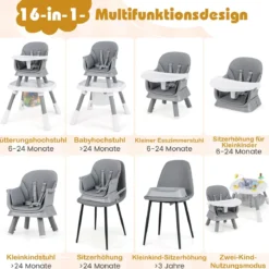 16-in-1 Umwandelbarer Hochstuhl mit Abnehmbarem Tablett & 5-Punkt-Gurt Kindertisch- & Stuhlset Grau