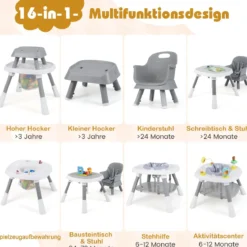16-in-1 Umwandelbarer Hochstuhl mit Abnehmbarem Tablett & 5-Punkt-Gurt Kindertisch- & Stuhlset Grau