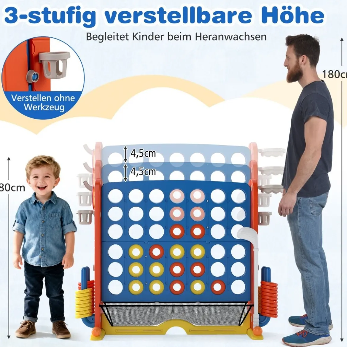 4 in 1 Vier Gewinnt mit Ringwurf & Basketballkorb & Golfspiel & Tragetasche Jumbo 4 Gewinnt Blau