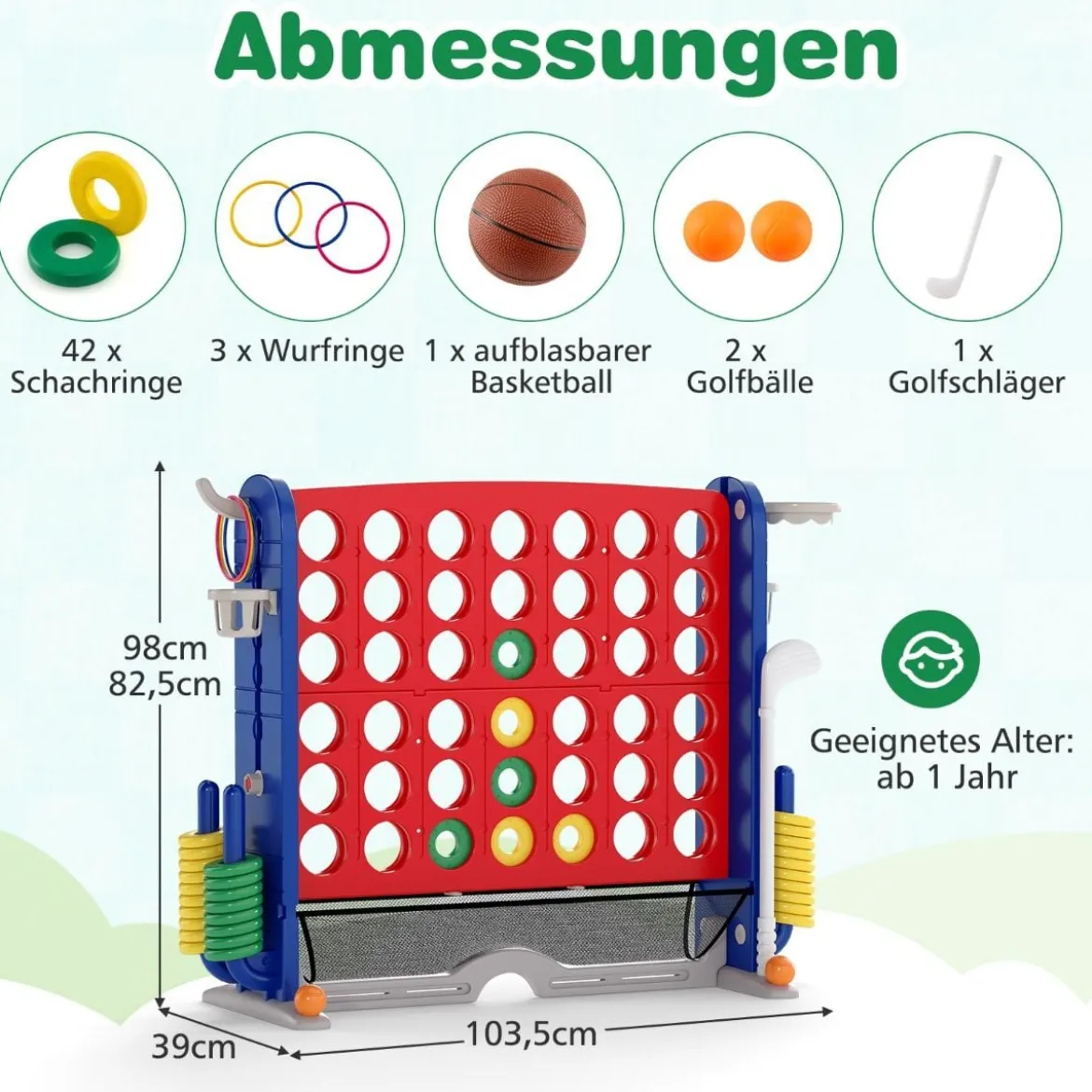 4 in 1 Vier Gewinnt mit Ringwurf & Basketballkorb & Golfspiel & Tragetasche Jumbo 4 Gewinnt Rot