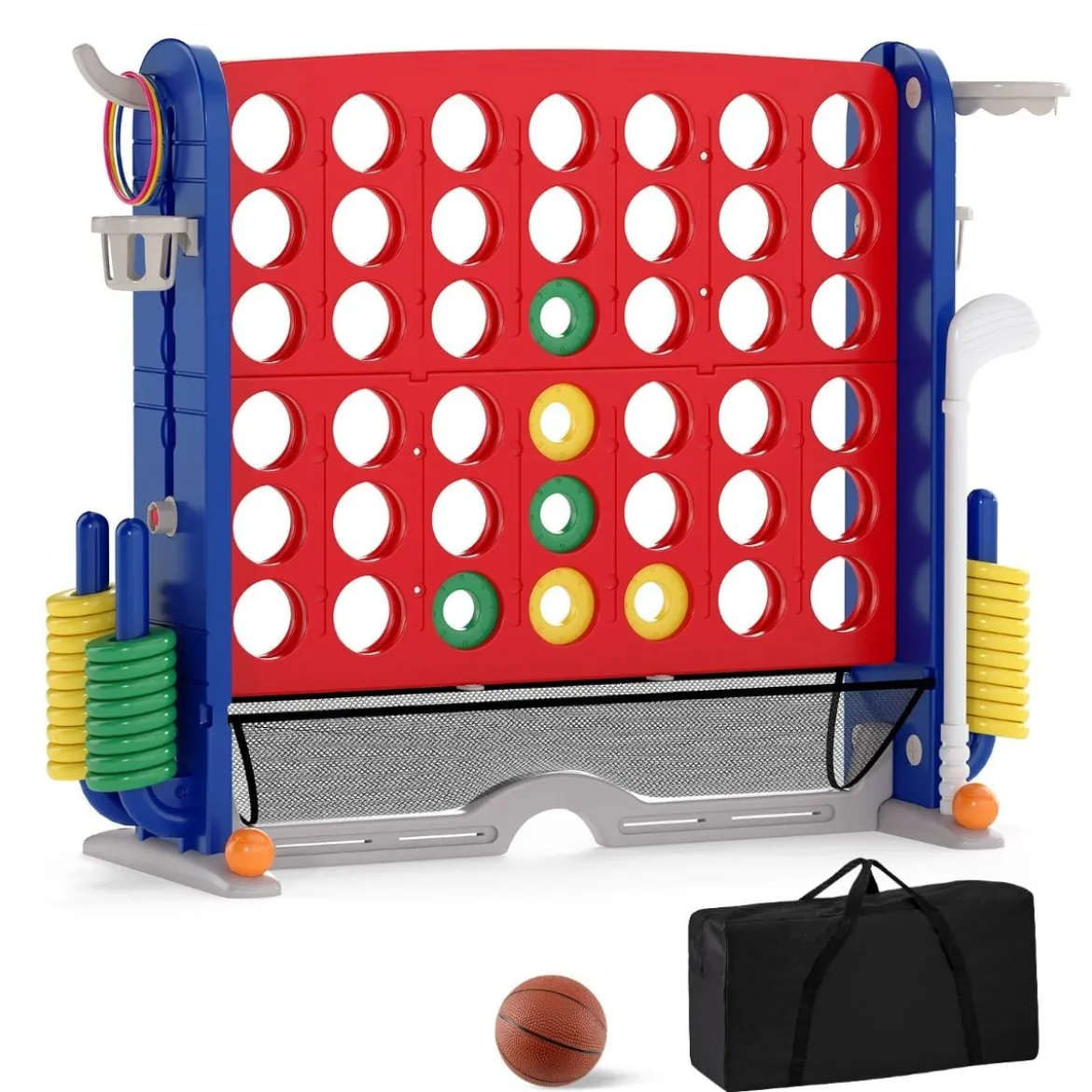 4 in 1 Vier Gewinnt mit Ringwurf & Basketballkorb & Golfspiel & Tragetasche Jumbo 4 Gewinnt Rot