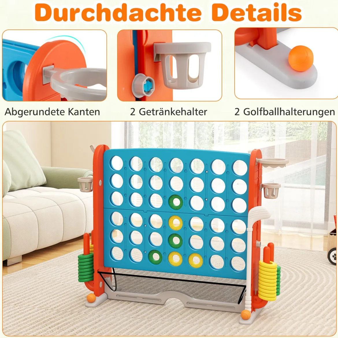 4 in 1 Vier Gewinnt mit Ringwurf & Basketballkorb & Golfspiel & Tragetasche Jumbo 4 Gewinnt Blau
