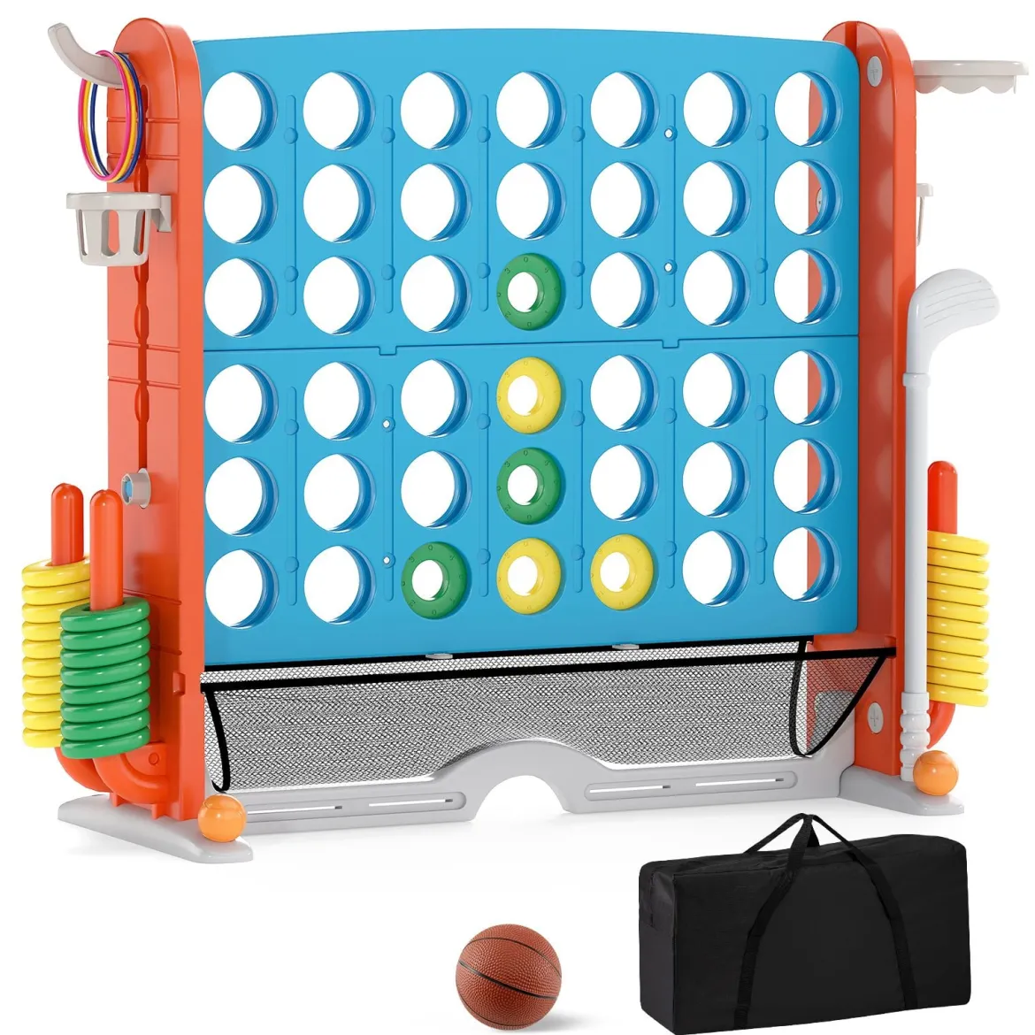 4 in 1 Vier Gewinnt mit Ringwurf & Basketballkorb & Golfspiel & Tragetasche Jumbo 4 Gewinnt Blau