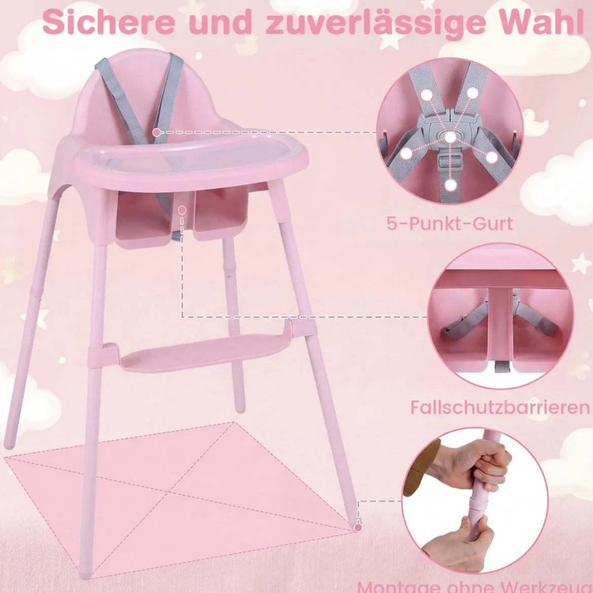 4-in-1 wandelbarer Hochstuhl für Babys Babyhochstuhl mit 2 Höhen Kinderstuhl Rosa