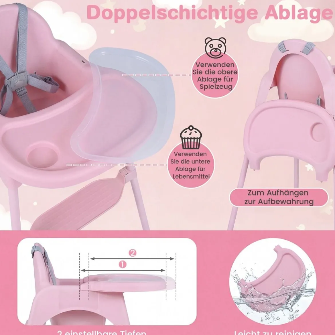 4-in-1 wandelbarer Hochstuhl für Babys Babyhochstuhl mit 2 Höhen Kinderstuhl Rosa