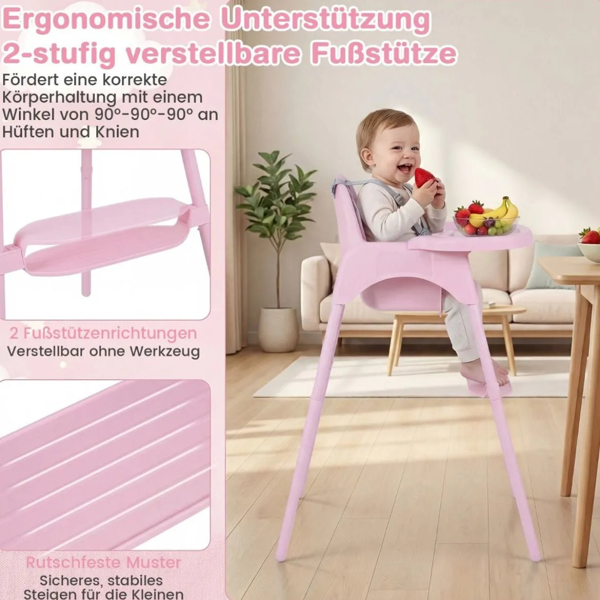 4-in-1 wandelbarer Hochstuhl für Babys Babyhochstuhl mit 2 Höhen Kinderstuhl Rosa