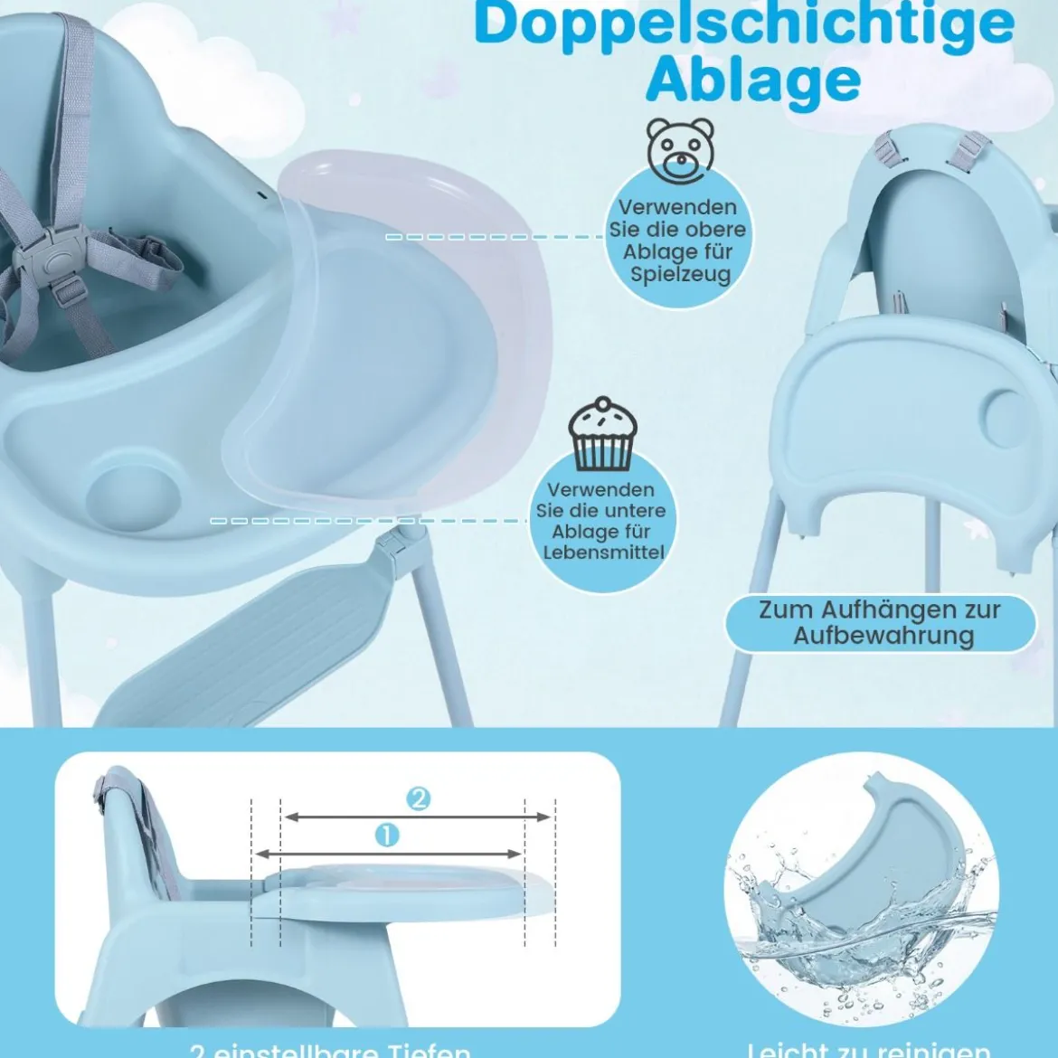 4-in-1 wandelbarer Hochstuhl für Babys Babyhochstuhl mit 2 Höhen Kinderstuhl Blau