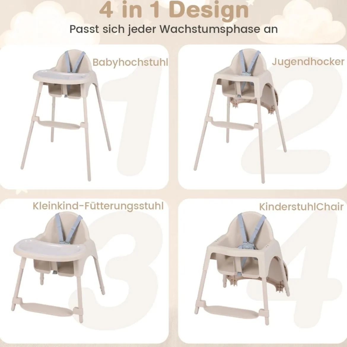 4-in-1 wandelbarer Hochstuhl für Babys Babyhochstuhl mit 2 Höhen Kinderstuhl Khaki