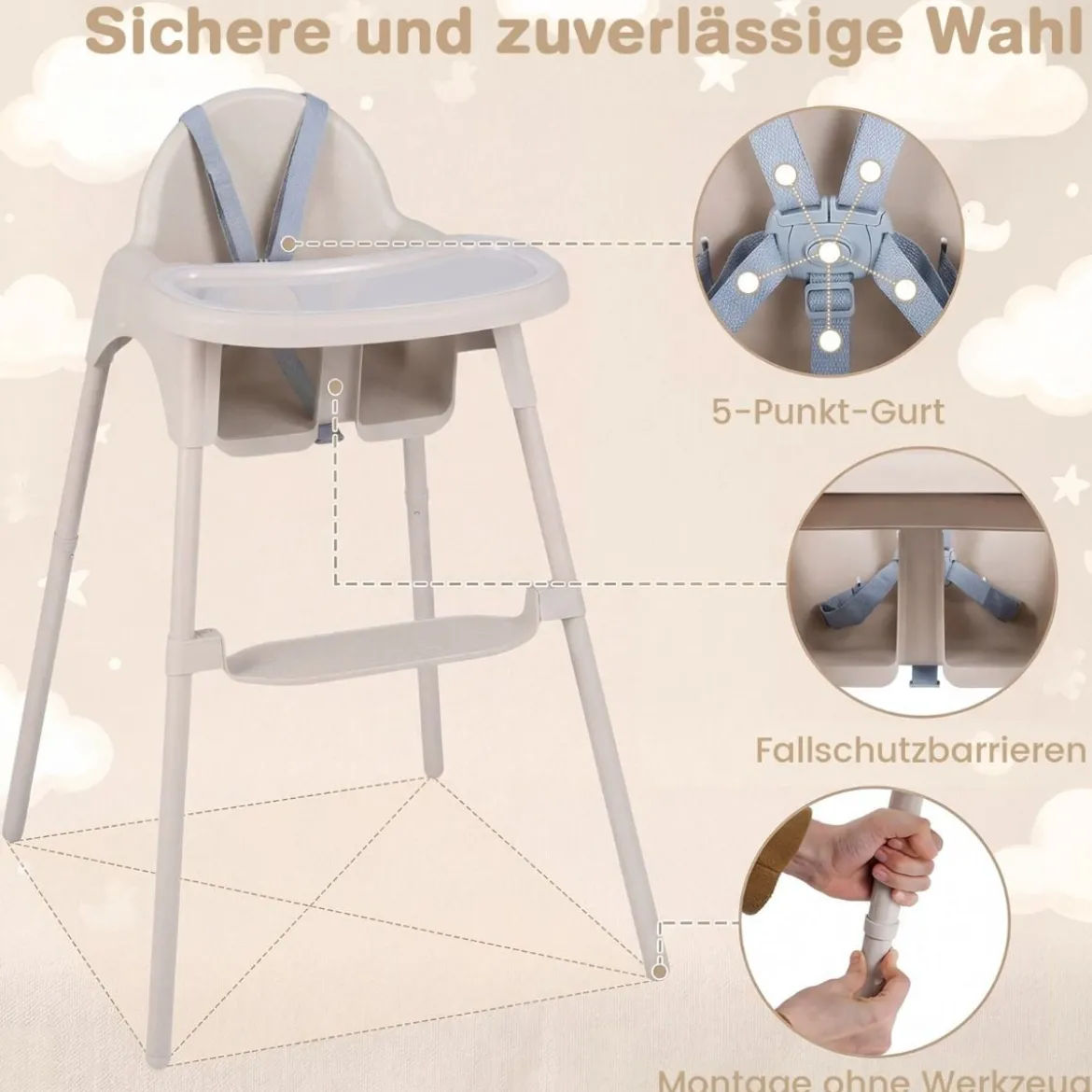 4-in-1 wandelbarer Hochstuhl für Babys Babyhochstuhl mit 2 Höhen Kinderstuhl Khaki