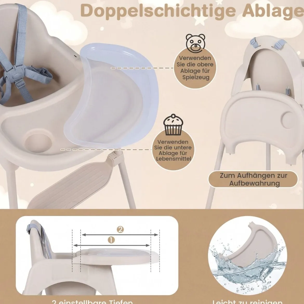 4-in-1 wandelbarer Hochstuhl für Babys Babyhochstuhl mit 2 Höhen Kinderstuhl Khaki