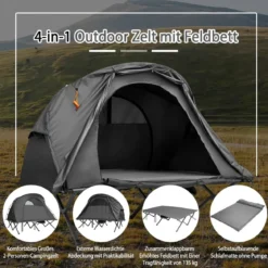 4 in 1 Wanderzelt Set für 2 Personen mit Abdeckung und Matratze 194 x 146 x 160 cm Grau