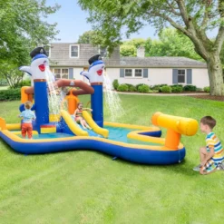 7-in-1 Wasserrutschenpark aufblasbares Hüpfhaus mit Spritzpool 578 x 408 x 250 cm