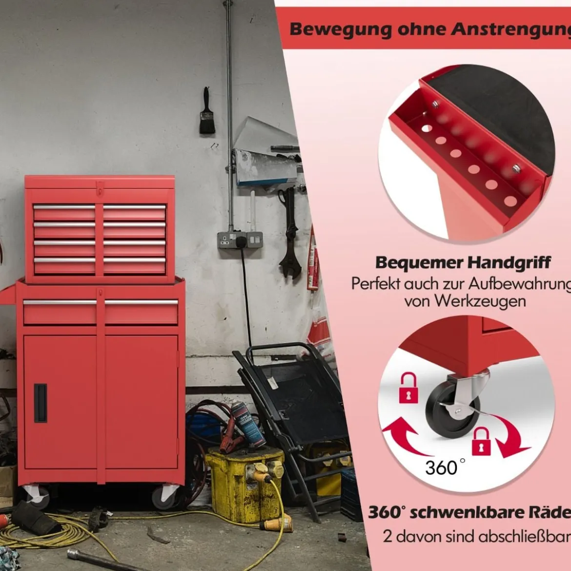 2 in 1 Werkstattwagen mit Koffer & 8 Fächer & Verstellbarem Regal Werkzeugwagen 100 kg Tragkraft