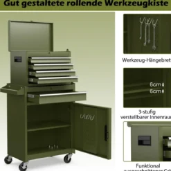 2 in 1 Werkstattwagen mit Koffer & 8 Fächer & Verstellbarem Regal Werkzeugwagen 100 kg Tragkraft