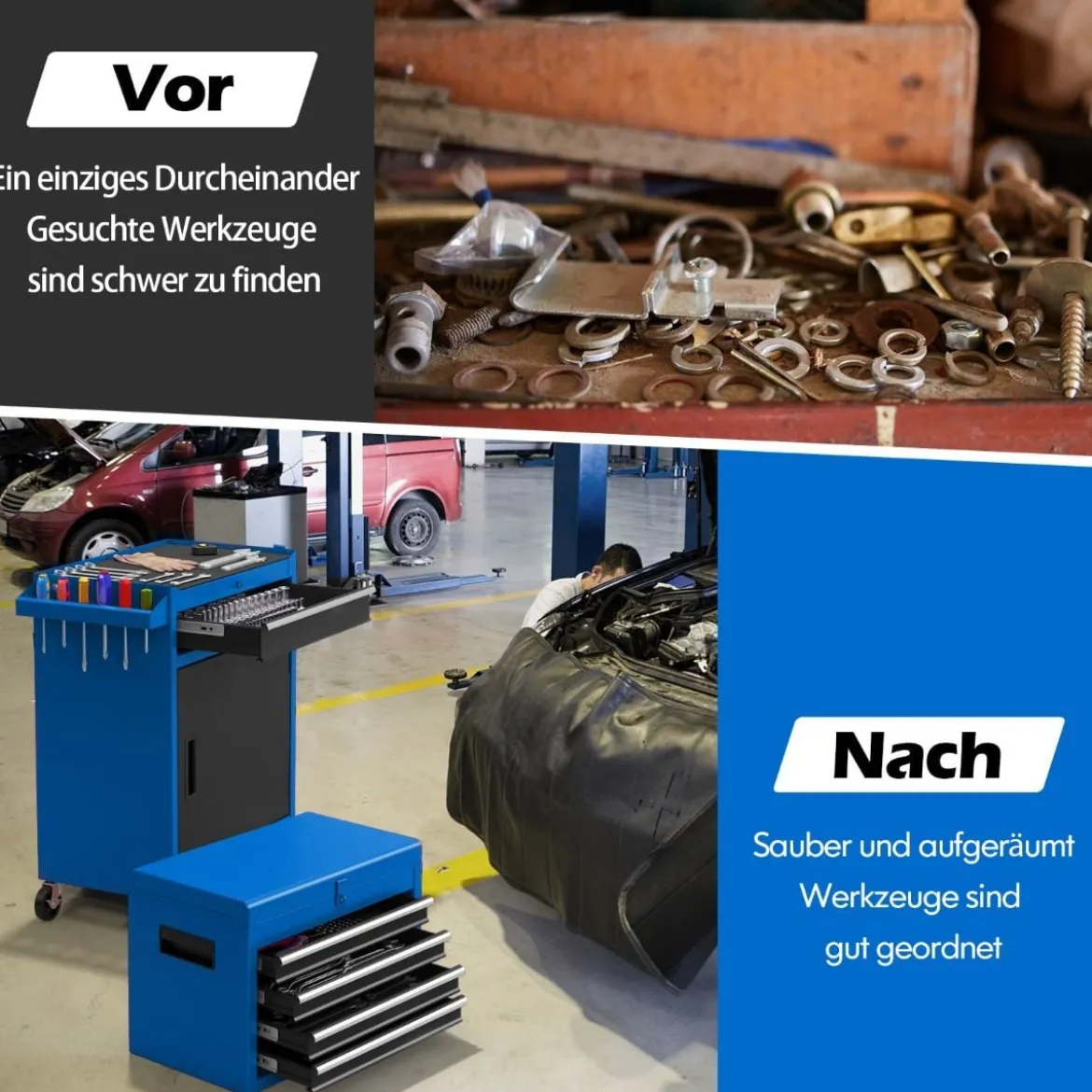 2 in 1 Werkstattwagen mit Koffer & 8 Fächer & Verstellbarem Regal Werkzeugwagen 100 kg Tragkraft