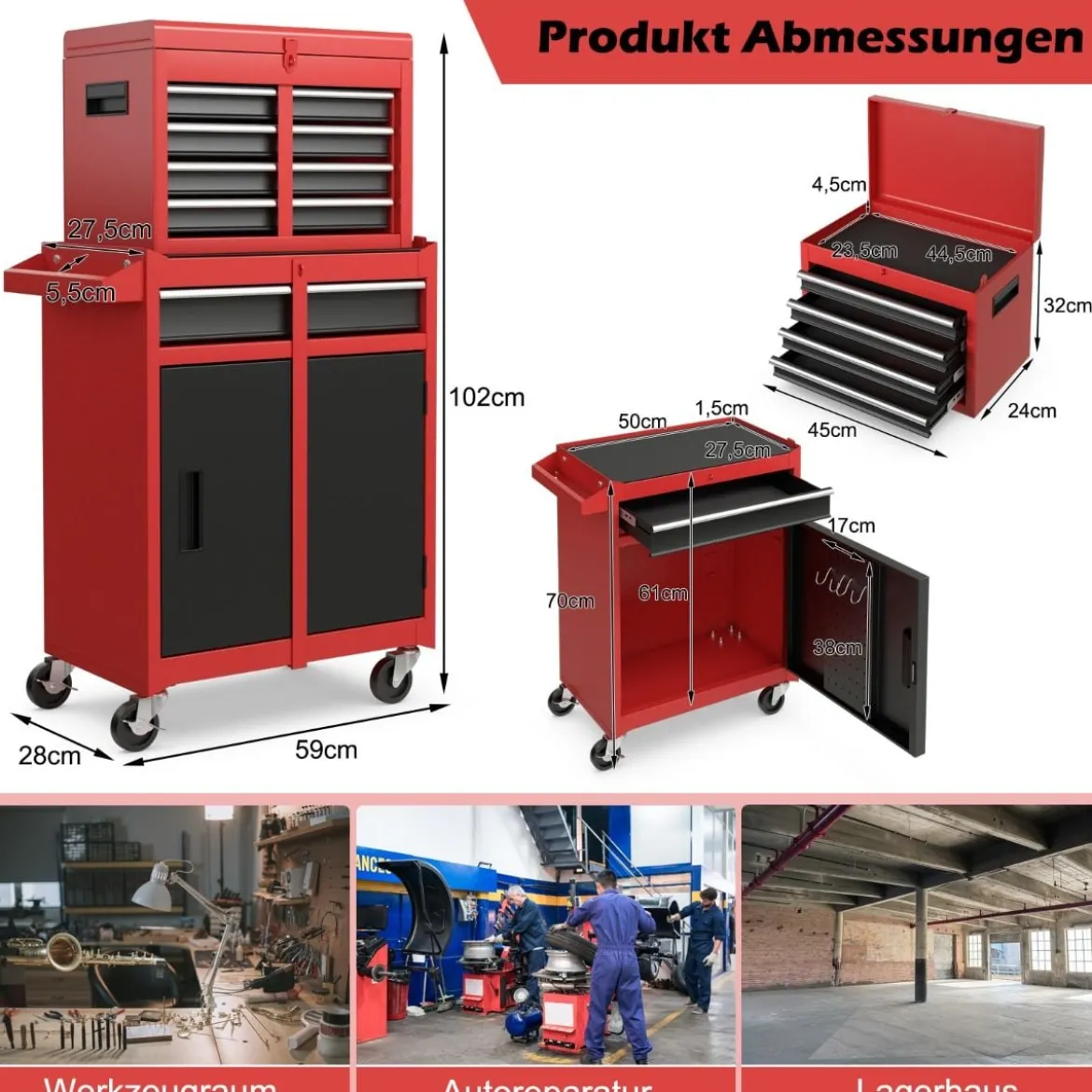 2 in 1 Werkstattwagen mit Koffer & 8 Fächer & Verstellbarem Regal Werkzeugwagen 100 kg Tragkraft
