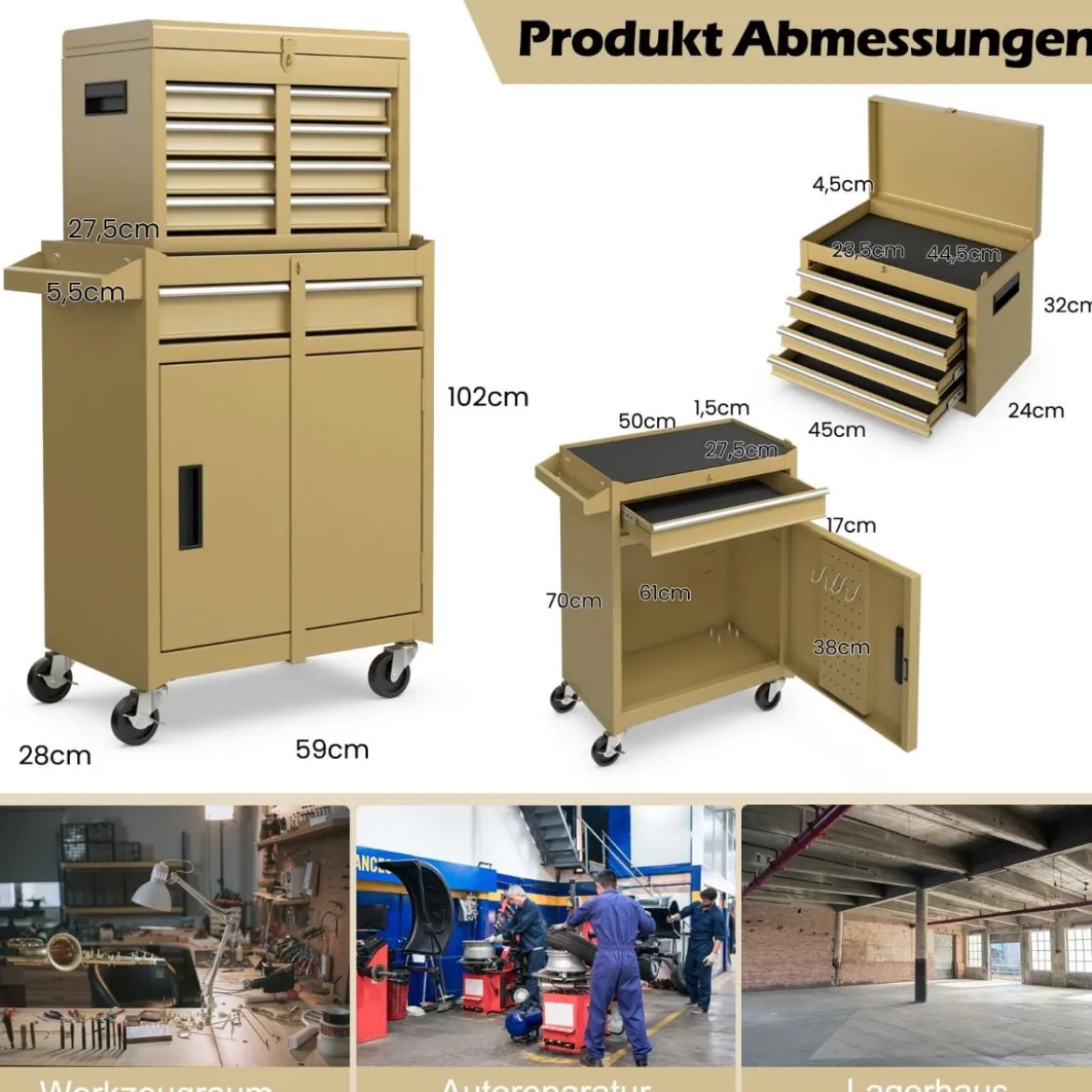 2 in 1 Werkstattwagen mit Koffer & 8 Fächer & Verstellbarem Regal Werkzeugwagen 100 kg Tragkraft