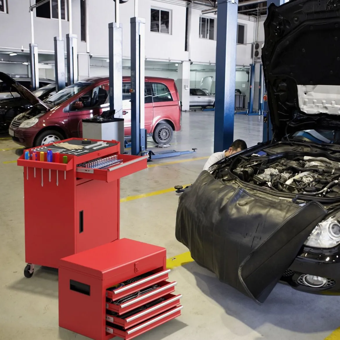 2 in 1 Werkstattwagen mit Koffer & 8 Fächer & Verstellbarem Regal Werkzeugwagen 100 kg Tragkraft