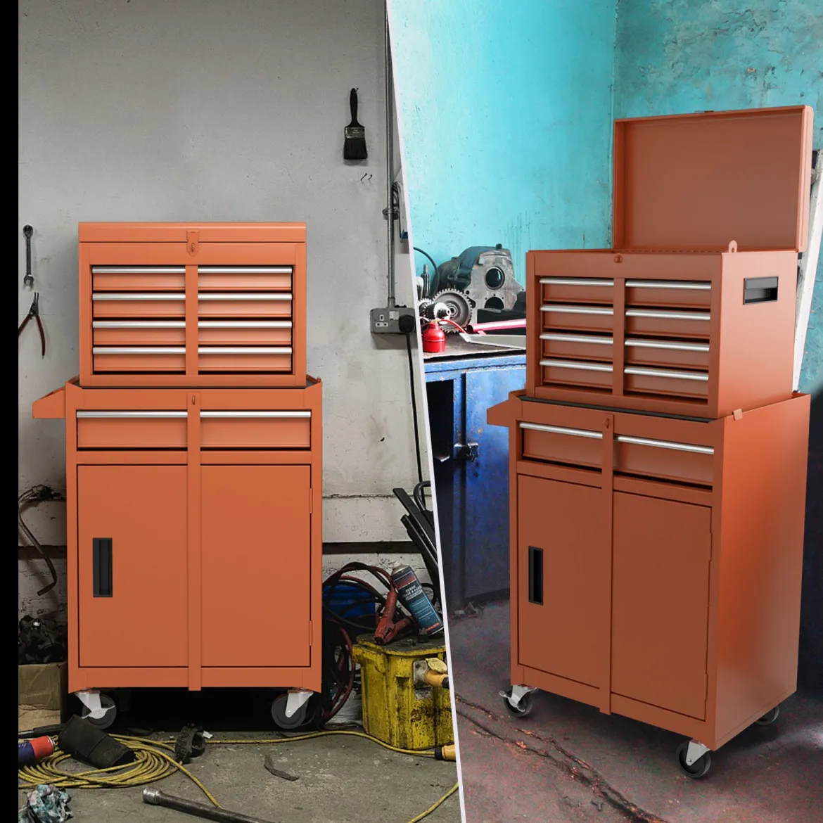 2 in 1 Werkstattwagen mit Koffer & 8 Fächer & Verstellbarem Regal Werkzeugwagen 100 kg Tragkraft